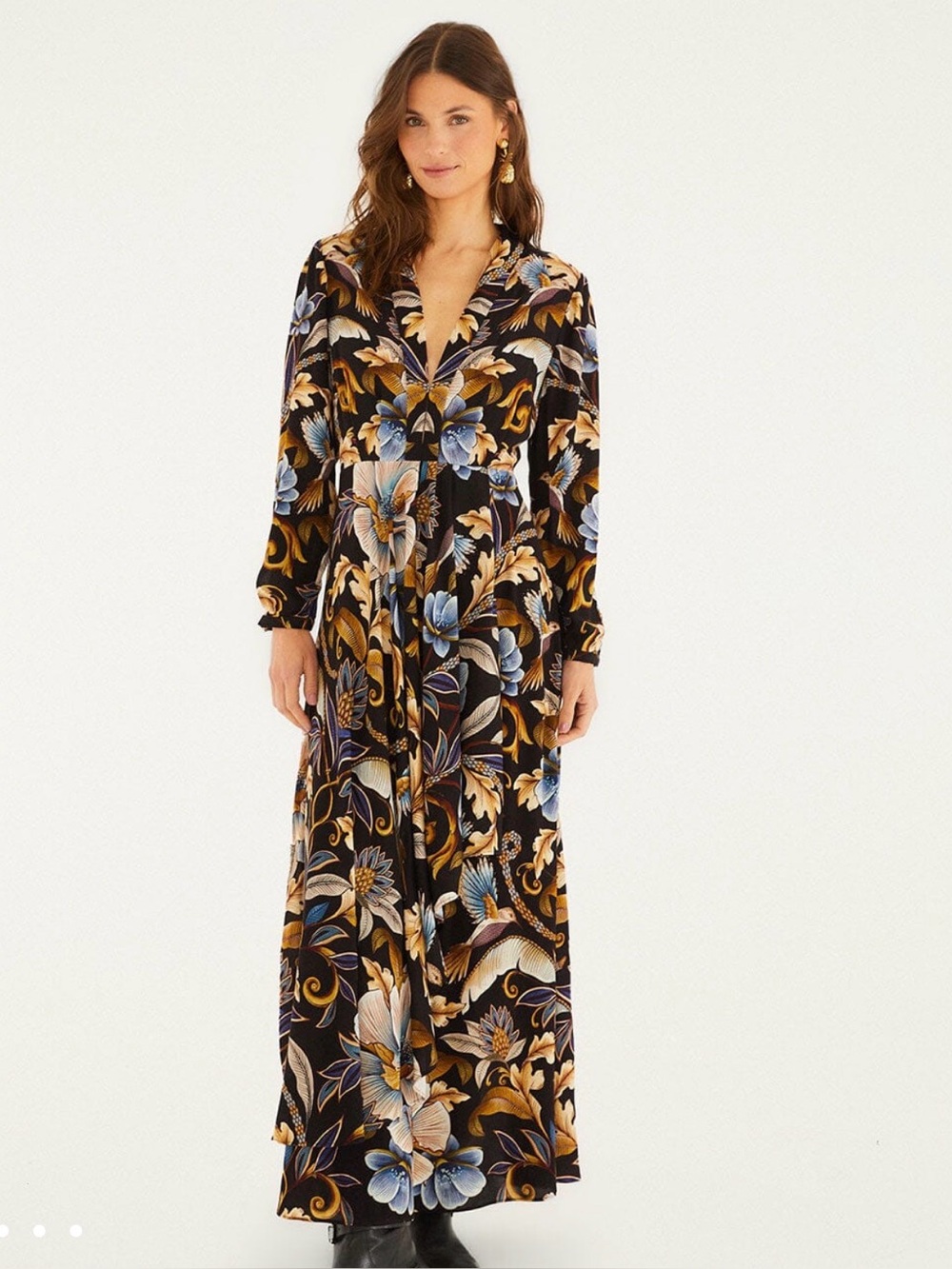 Farm Rio Snake Garden Gorgeous Long Floral Button-Front Maxi Dress - Black Multi